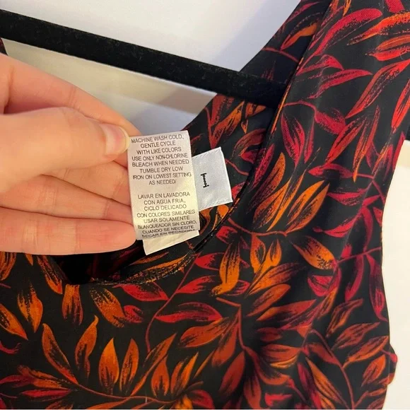 Vintage 90’s Studio One Maxi Dress 14 V Neck Black Orange Red Leaves Slit - Picture 6 of 7